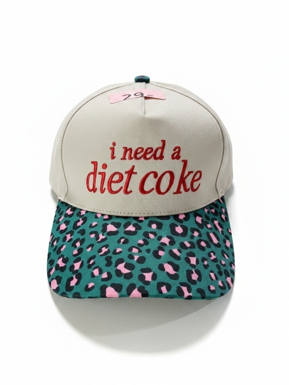 Zenana Beige 'I need a diet coke' Cap with Teal Pink Leopard Brim
